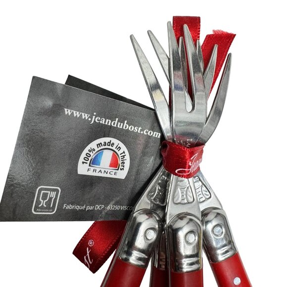 Laguiole Jean Dubost Bee Logo Red Cocktail Fork Set 4-Piece Stainless Steel Gift - Picture 6 of 11